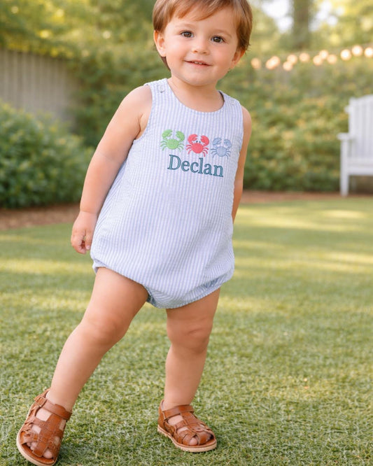 Summer Boys Crab Trio Sun Bubble Suit | Personalized Name | Seersucker Romper