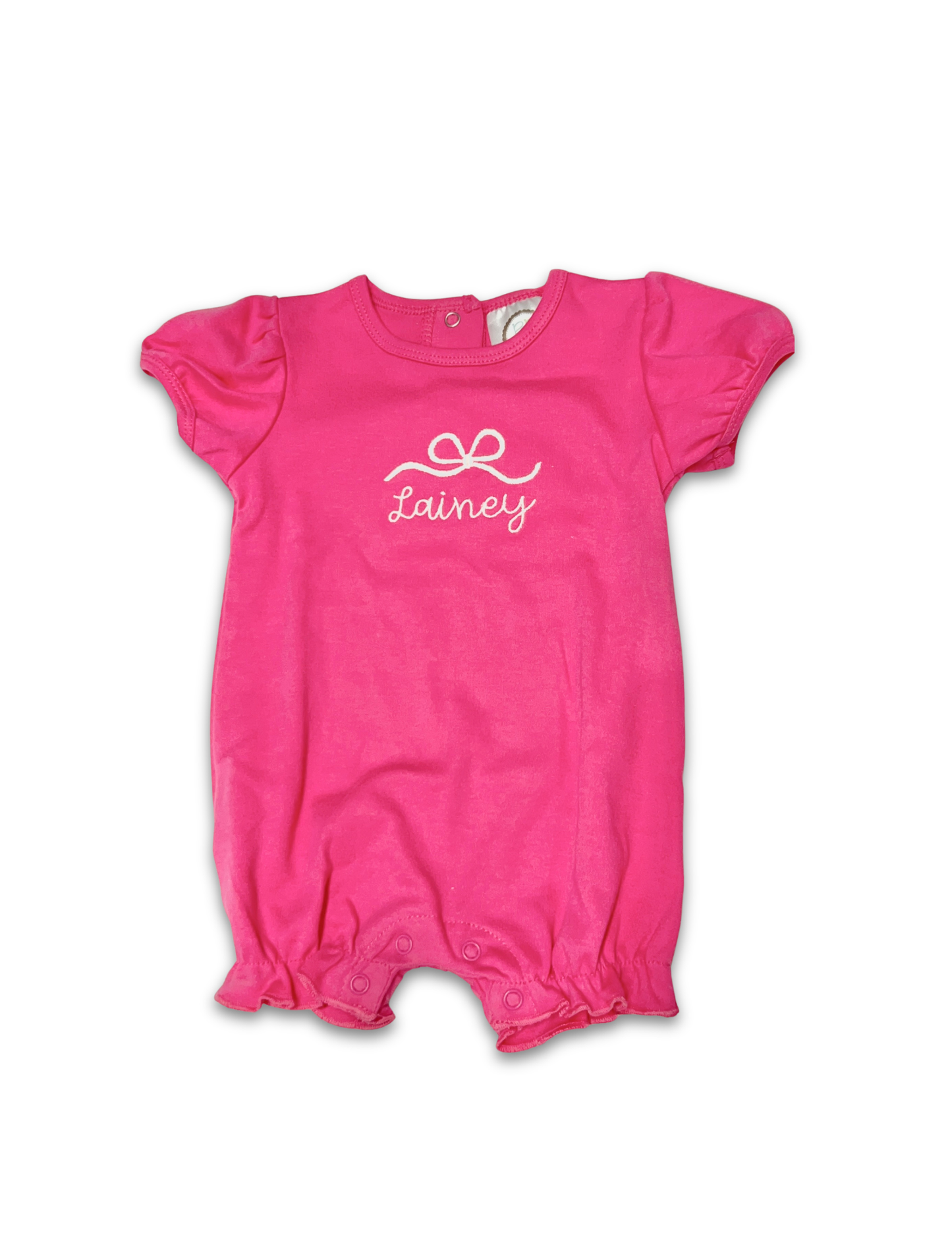 Girls Puff Sleeve Ruffle Romper – Pink Bow