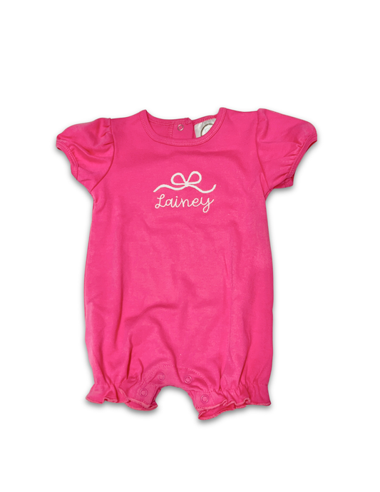 Girls Puff Sleeve Ruffle Romper – Pink Bow