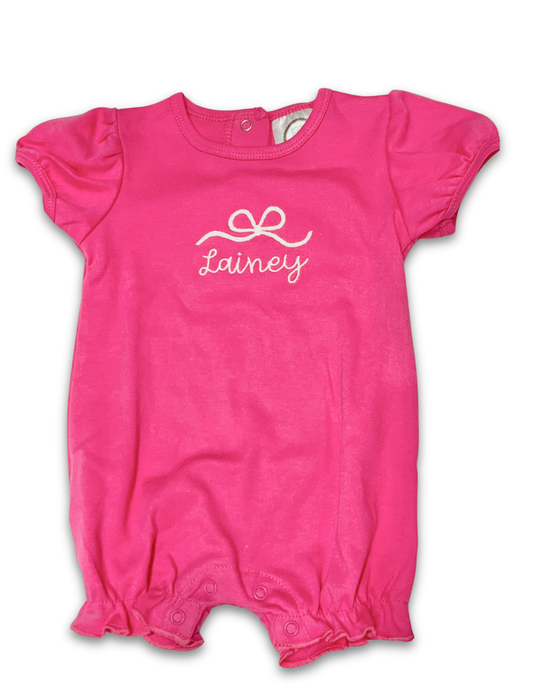 Girls Puff Sleeve Ruffle Romper – Pink Bow
