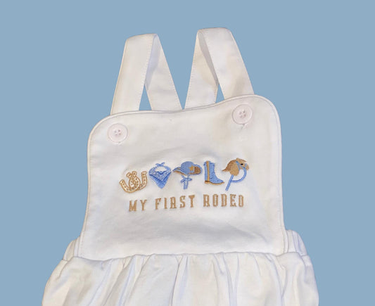 My First Rodeo- Cowboy Embroidered Baby Sunsuit - Western Sun Bubble Suit- Cute Rodeo Outfit for Boys