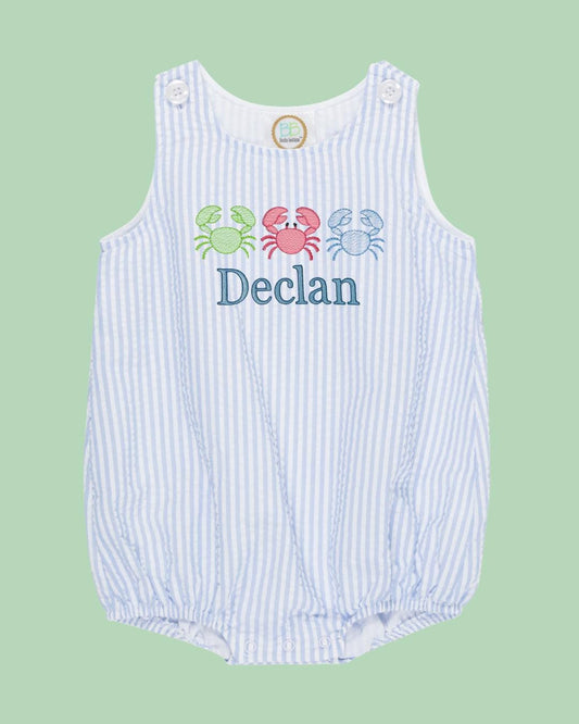 Summer Boys Crab Trio Sun Bubble Suit | Personalized Name | Seersucker Romper
